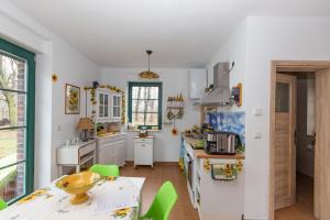 a kitchen with a table and green chairs at Ferienhof "Zum Spreewäldchen" in Burg