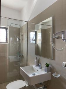 a bathroom with a sink and a shower and a toilet at Villa White in Ksamil