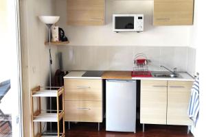 a small kitchen with a sink and a microwave at Sur la route des châteaux du Médoc in Blanquefort