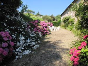 einen Garten mit rosa und lila Blumen und weißen Stühlen in der Unterkunft Gîte de La Ferme de La Cour in Crasville