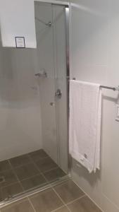 a shower with a glass door and white towels at Camden Valley Terrace 4 in Cawdor +20 photos