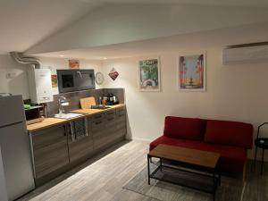 伊埃爾的住宿－Tiny House sur la Côte d’Azur，一间带红色沙发的客厅和一间厨房