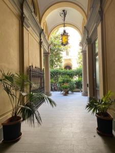 a hallway with potted plants in a building at Hotel Atena in Milan +19 photos