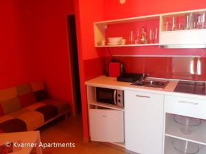 a small kitchen with a sink and a microwave at Kvarner Apartments - Mošćenička Draga in Mošćenička Draga +72 photos