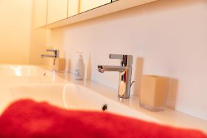 a bathroom sink with a faucet and a red towel at Bodenseedomizil in Lochau