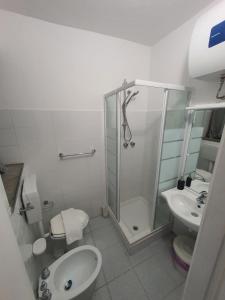 a bathroom with a shower and a toilet and a sink at Monolocale caterina in Corniglia