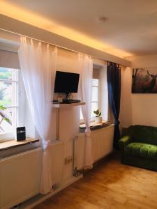 a living room with a tv and a window at Neckarblick,Natur, Altstadt in Hirschhorn