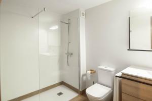 a bathroom with a toilet and a glass shower at Cal Negret Rural Apartments in Alós de Balaguer +41 photos