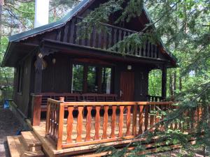 een hut in het bos met een houten terras bij Dom letniskowy in Różan