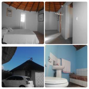 4 fotos diferentes de un dormitorio y un baño en Slubani, en Eshowe