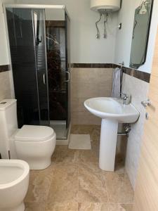 a bathroom with a toilet and a sink and a shower at The quiet place in Hamallë