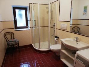 uma casa de banho com um chuveiro, um WC e um lavatório. em Haus Möltner - Apartment Aviam em Caldaro
