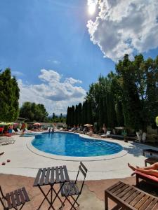 une grande piscine avec des chaises et des arbres dans l'établissement CLUB 2008, à Sofia