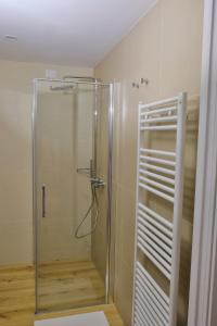 メッツォロンバルドにあるAppartamenti Alle 5 Torriのバスルーム(ガラスドア付きのシャワー付)
