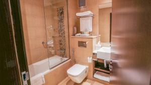a bathroom with a toilet and a sink and a shower at Copthorne Downtown by Millennium in Abu Dhabi