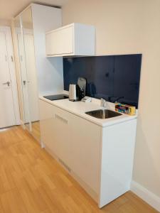 a white kitchen with a sink and a counter top at Subtropik Apartments in Batumi in Batumi