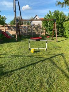a playground with a yellow ball in the grass at Vir&aacute;g Vend&eacute;gh&aacute;z in Poroszl&oacute;