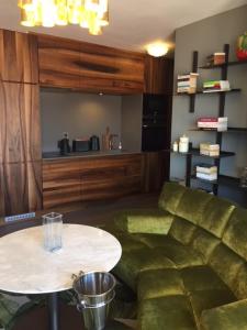 a living room with a green couch and a table at Suite privée du balcon du vieux port Marseille in Marseille