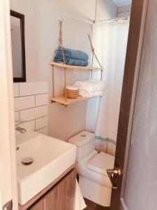ein Badezimmer mit einem weißen WC und einem Waschbecken in der Unterkunft Dunas de Cahuil in Pichilemu