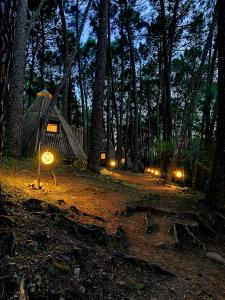 a tent in the middle of a forest at night at Glamping The Teepee in Mombeltrán