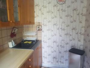 a kitchen with a sink and a shower curtain at Pokoje gościnne MOTYLEK in Dźwirzyno