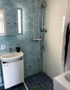 W łazience znajduje się umywalka i prysznic. w obiekcie Citykoti Kuutti w mieście Savonlinna