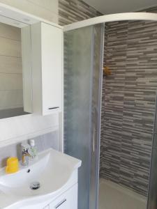 a bathroom with a sink and a shower at Soba pri Bregarju in Bohinj