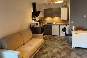 a living room with a couch and a kitchen at Jeremy T2 idéalement situéThonon centre avec terrasse et garage in Thonon-les-Bains