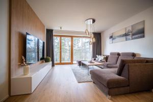 een woonkamer met een bank en een tv bij Apartmán Lipnoport in Lipno nad Vltavou
