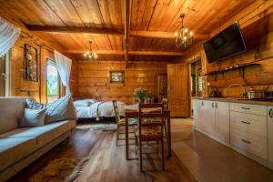 Dom Krzesany في بيالكا تاترزانسكا: غرفة معيشة مع أريكة وطاولة في كابينة