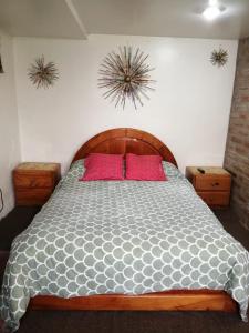 1 dormitorio con 1 cama grande y 2 almohadas rosas en Mini suites en el mejor sector de la ciudad, en Quito