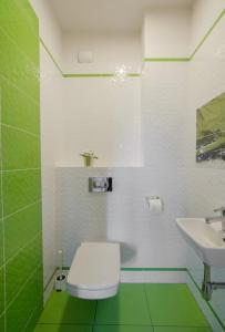 グダニスクにあるFeel Summer Vibes At 3BR Panoramic View Apartmentの緑と白のバスルーム(トイレ、洗面台付)