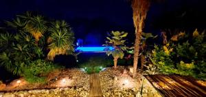 a view of a house with palm trees at night at La Casalamadonna in Santa-Lucia-di-Moriani