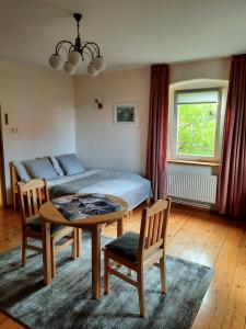 een slaapkamer met een bed en een tafel en stoelen bij Apartament Albion in Szklarska Poręba