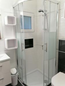 a shower with a glass door in a bathroom at Matea in Plomin