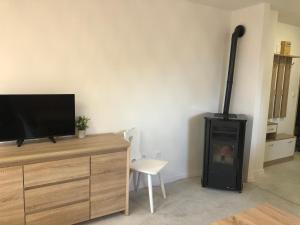 ein Wohnzimmer mit einem TV und einem Kamin in der Unterkunft Bovec Apartment in Bovec