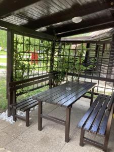 a picnic table and two benches under a pavilion at Teddy in Čatež ob Savi