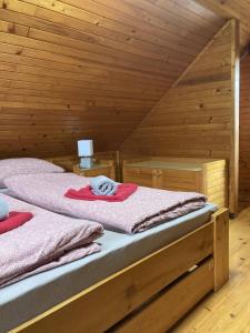 a bedroom with two beds in a wooden room at Teddy in Čatež ob Savi