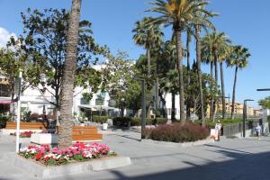 een park met banken, palmbomen en bloemen bij Apartamento en el Centro de San Pedro de Alcántara in Marbella