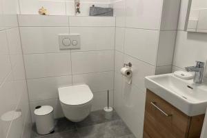 biała łazienka z toaletą i umywalką w obiekcie Galerie Wohnung Hechelstein / Top 106 w mieście Tauplitz +32 zdjęcia
