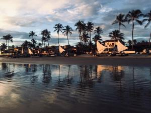a beach with palm trees and buildings and the water at Navegantes Nascente - Os Navegantes in Guajiru