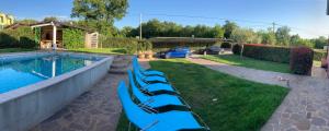 a row of blue lounge chairs next to a swimming pool at La Casa de Papel in Buje