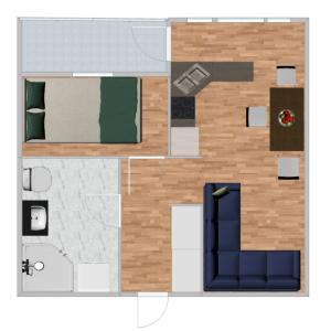 a floor plan of a bedroom with a blue couch at Telimeny in Krakow