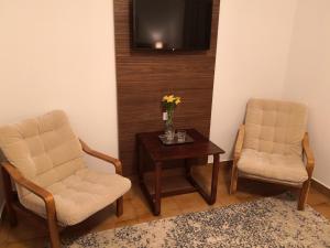 two chairs and a table with a tv on a wall at Laguna Panzió in Gárdony