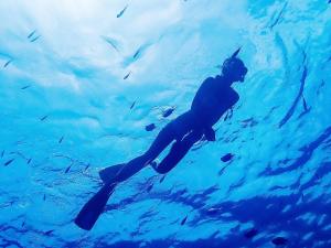 a person swimming in the water with fishes at Miyakojima Tokyu Hotel & Resorts in Miyako-jima
