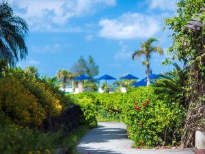 a walkway through a garden with bushes and umbrellas at Miyakojima Tokyu Hotel & Resorts in Miyako-jima