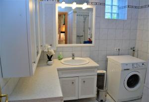 a bathroom with a sink and a washing machine at Ferienwohnung Koppi in Pamhagen