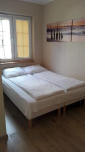 a large bed in a room with a window at Apartamenty Przy Brzegu in Rowy