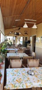 a dining room with tables and chairs and lights at Haus am Kurpark in Sankt Andreasberg