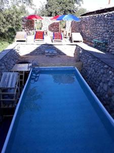 a large blue swimming pool with chairs and umbrellas at Bel-Zhan Yurt Lodge in Grigor'yevka
